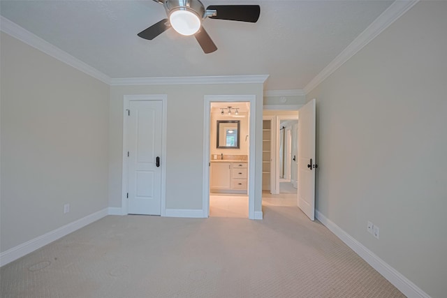11710 Hillcroft St, Houston, TX 77035 - unfurnished bedroom with crown molding, light carpet, ensuite bathroom, and a ceiling fan