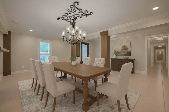11710 Hillcroft St, Houston, TX 77035 - dining area with a chandelier, light tile patterned floors, recessed lighting, ornamental molding, and ornate columns