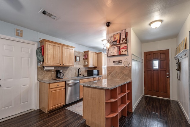 322 S Carroll, La Porte, TX 77571 - kitchen featuring dishwasher, open shelves, dark wood-style flooring, and backsplash