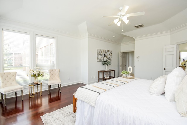 7010 Mcclellan Ln, Sugar Land, TX 77479 - bedroom with vaulted ceiling, dark wood-style floors, ceiling fan, and ornamental molding