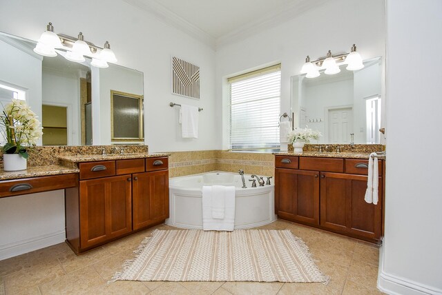 7010 Mcclellan Ln, Sugar Land, TX 77479 - full bath featuring ornamental molding, plenty of natural light, tile patterned flooring, and a bath