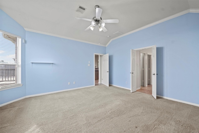 12610 Hobbs Terrace Dr, Tomball, TX 77377 - unfurnished bedroom with ornamental molding, carpet floors, vaulted ceiling, and a ceiling fan