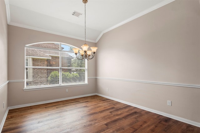 12610 Hobbs Terrace Dr, Tomball, TX 77377 - unfurnished room featuring a chandelier, ornamental molding, wood finished floors, and vaulted ceiling