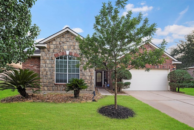 12610 Hobbs Terrace Dr, Tomball, TX 77377 - view of front facade featuring stone siding, concrete driveway, a garage, a front yard, and brick siding