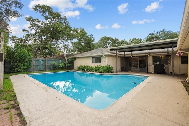431 Shadow Creek Dr, El Lago, TX 77586 - view of pool with a patio, a fenced backyard, and a ceiling fan