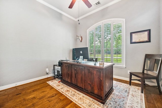 1114 Commons Waterway Dr, Huffman, TX 77336 - office area with dark wood finished floors, crown molding, plenty of natural light, and ceiling fan