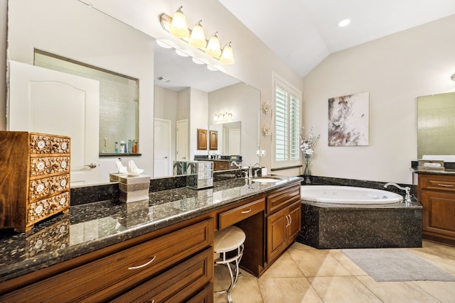 1114 Commons Waterway Dr, Huffman, TX 77336 - full bath with a bath, vanity, lofted ceiling, and tile patterned flooring
