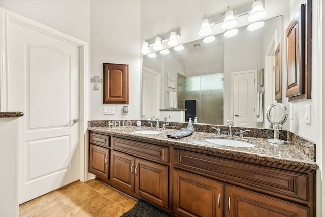 1114 Commons Waterway Dr, Huffman, TX 77336 - bathroom featuring a stall shower, double vanity, and tile patterned floors