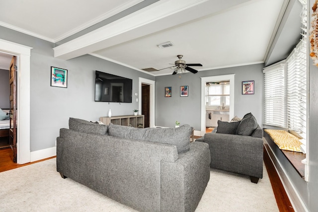 711 17th St, Galveston, TX 77550 - living room with crown molding, a ceiling fan, and light wood finished floors