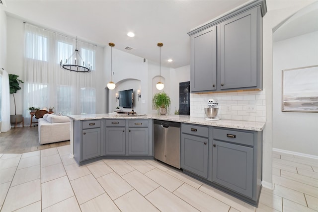 18534 Tall Woods Pl, Houston, TX 77084 - kitchen featuring gray cabinetry, dishwasher, a peninsula, a chandelier, and recessed lighting