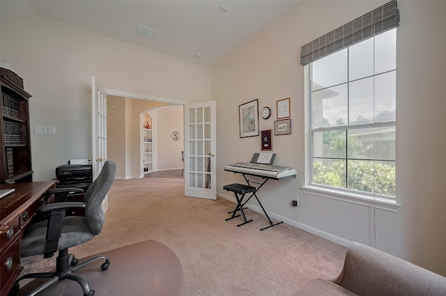 15902 Mill Canyon Ct, Cypress, TX 77429 - office with french doors, arched walkways, and light carpet