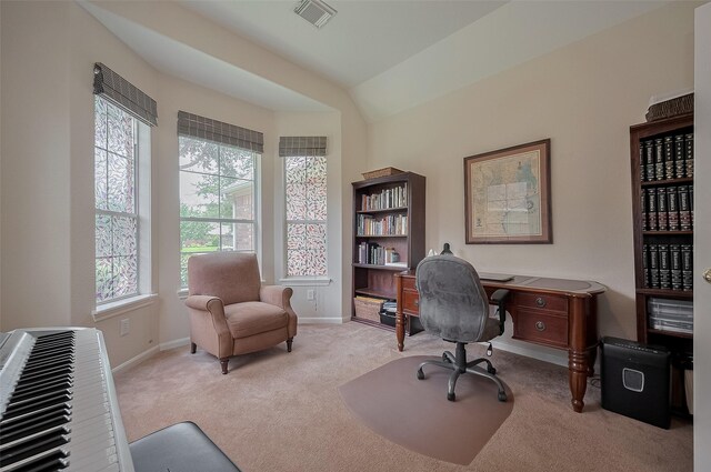 15902 Mill Canyon Ct, Cypress, TX 77429 - carpeted home office featuring baseboards and lofted ceiling