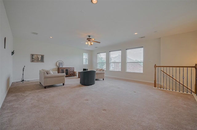 15902 Mill Canyon Ct, Cypress, TX 77429 - sitting room with an upstairs landing, ceiling fan, light carpet, and recessed lighting