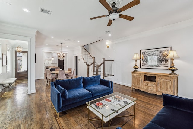 1212 Bingham St, Houston, TX 77007 - living room with a chandelier, stairs, crown molding, ceiling fan, and wood finished floors