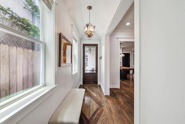 1212 Bingham St, Houston, TX 77007 - foyer featuring a chandelier, wood finished floors, healthy amount of natural light, ornamental molding, and recessed lighting