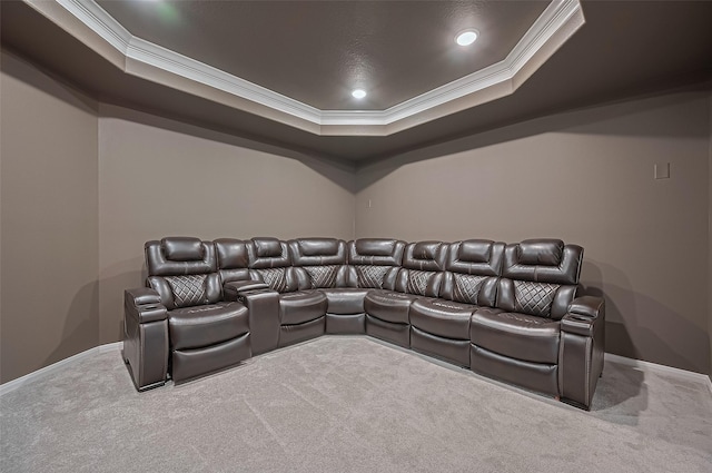 9011 Bright Harbor Dr, Cypress, TX 77433 - home theater room with crown molding, carpet, a raised ceiling, and recessed lighting