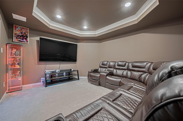 9011 Bright Harbor Dr, Cypress, TX 77433 - cinema room featuring crown molding, carpet floors, a tray ceiling, and recessed lighting