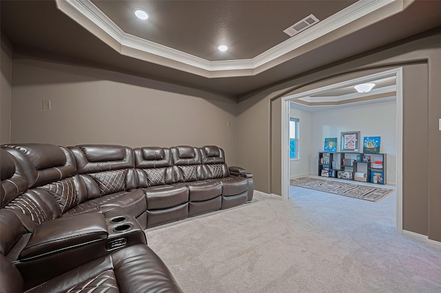 9011 Bright Harbor Dr, Cypress, TX 77433 - carpeted home theater with ornamental molding and a raised ceiling