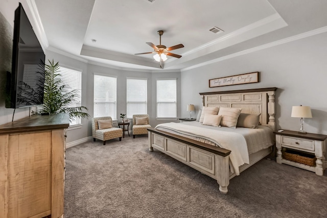 25119 Dunbrook Springs Ln, Katy, TX 77494 - bedroom with a raised ceiling, carpet flooring, crown molding, and a ceiling fan