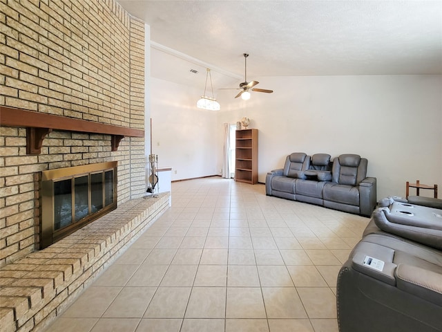 17602 Kakerglen Ct, Houston, TX 77084 - living area with lofted ceiling, ceiling fan, a fireplace, and light tile patterned floors