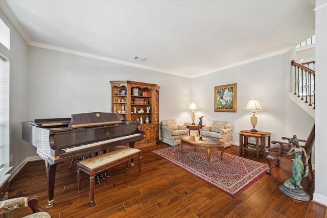 3003 Cedar Ridge Trl, Friendswood, TX 77546 - sitting room with stairs, ornamental molding, and wood finished floors