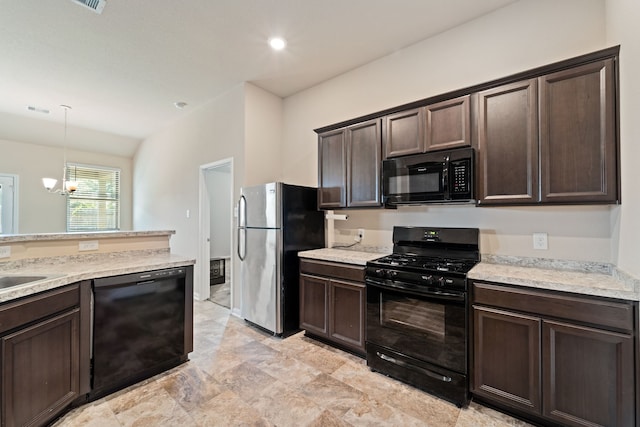 10750 Nathaniel Valley Path, Houston, TX 77016 - kitchen featuring black appliances, dark brown cabinetry, hanging light fixtures, recessed lighting, and a chandelier