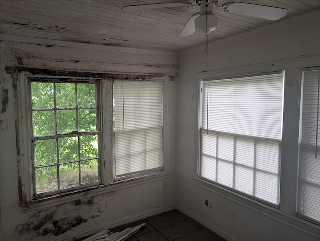8343 Bonner, Houston, TX 77017 - unfurnished room with ceiling fan, dark tile patterned floors, and wooden ceiling