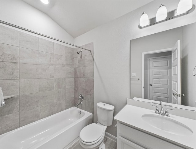 21622 Teton Rock Trl, Richmond, TX 77407 - full bathroom with vanity, bathtub / shower combination, and lofted ceiling