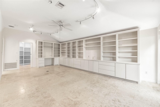 3831 Wood Stone Walk Dr, Houston, TX 77084 - unfurnished room featuring rail lighting, ceiling fan, and vaulted ceiling