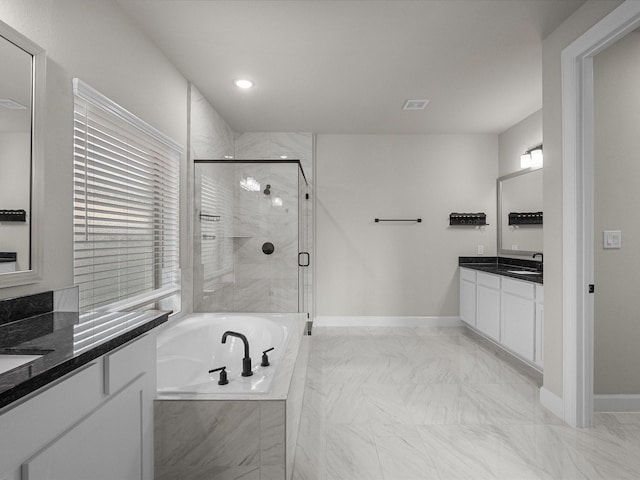706 Westwood Dr, League City, TX 77573 - full bathroom with two vanities, a shower stall, a bath, marble finish floors, and recessed lighting