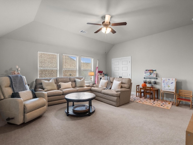 706 Westwood Dr, League City, TX 77573 - carpeted living room with ceiling fan and vaulted ceiling