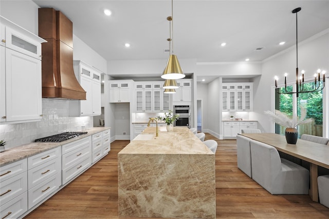 161 Pine Branch Dr, Montgomery, TX 77356 - kitchen featuring stainless steel appliances, custom range hood, backsplash, wood finished floors, and white cabinetry