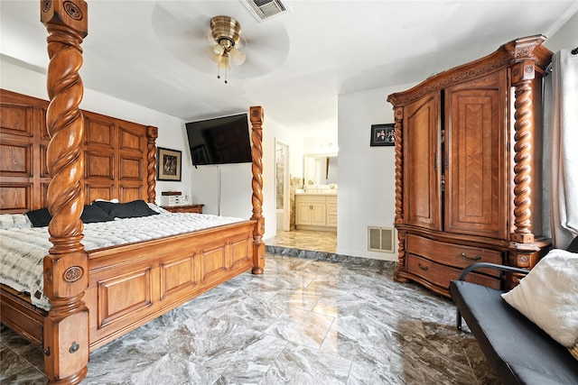 319 Shady Glade Dr, Houston, TX 77090 - bedroom featuring light marble finish floors, ensuite bath, and a ceiling fan