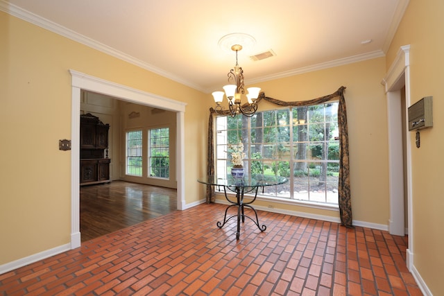 9327 Tranquil Park Dr, Spring, TX 77379 - dining space featuring a chandelier, brick floors, and ornamental molding