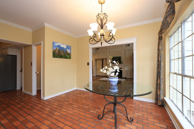 9327 Tranquil Park Dr, Spring, TX 77379 - unfurnished dining area with brick flooring, crown molding, and a chandelier
