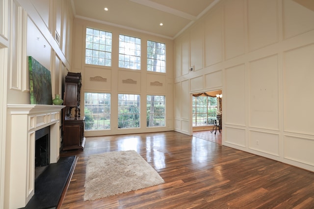9327 Tranquil Park Dr, Spring, TX 77379 - unfurnished living room featuring a decorative wall, a towering ceiling, dark wood-style floors, a fireplace with raised hearth, and ornamental molding