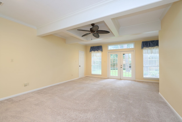 9327 Tranquil Park Dr, Spring, TX 77379 - carpeted empty room with ornamental molding, beam ceiling, ceiling fan, french doors, and coffered ceiling