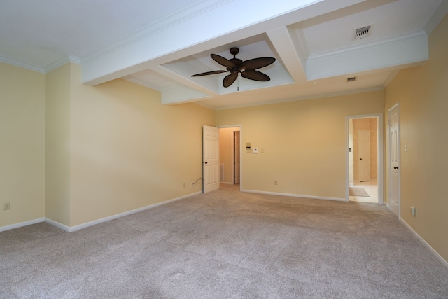 9327 Tranquil Park Dr, Spring, TX 77379 - carpeted spare room with crown molding, beamed ceiling, ceiling fan, and coffered ceiling