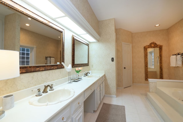 9327 Tranquil Park Dr, Spring, TX 77379 - full bathroom with double vanity, a garden tub, tile patterned flooring, and recessed lighting