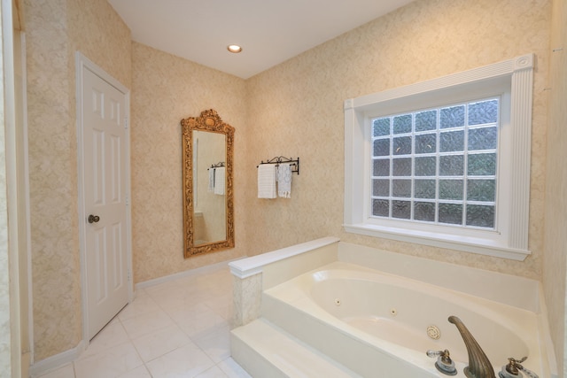 9327 Tranquil Park Dr, Spring, TX 77379 - bathroom featuring a whirlpool tub, wallpapered walls, and tile patterned floors