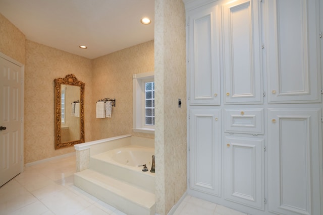 9327 Tranquil Park Dr, Spring, TX 77379 - bathroom with a jetted tub, wallpapered walls, and tile patterned floors