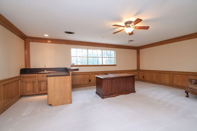 9327 Tranquil Park Dr, Spring, TX 77379 - unfurnished office with a wainscoted wall, light colored carpet, crown molding, ceiling fan, and a decorative wall