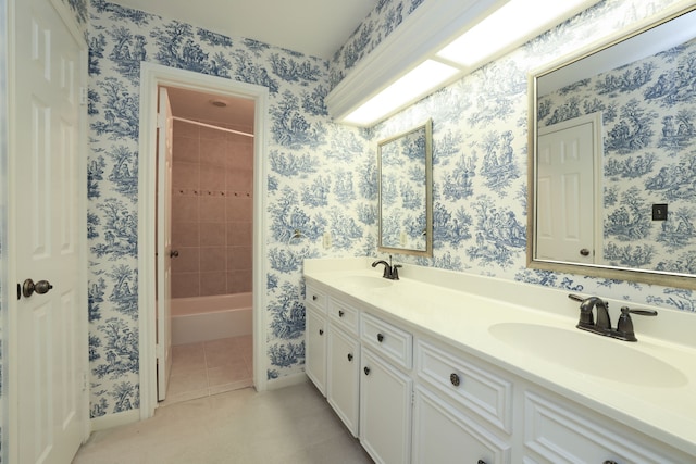 9327 Tranquil Park Dr, Spring, TX 77379 - bathroom featuring double vanity, tile patterned floors, and bathing tub / shower combination