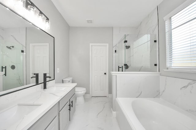 7427 Oakwood Canyon Dr, Cypress, TX 77433 - bathroom featuring a garden tub, a marble finish shower, marble finish flooring, and double vanity