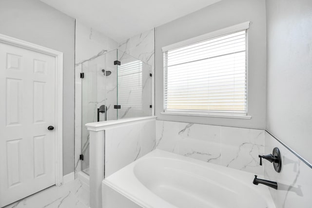7427 Oakwood Canyon Dr, Cypress, TX 77433 - full bathroom with marble finish flooring, a garden tub, and a marble finish shower