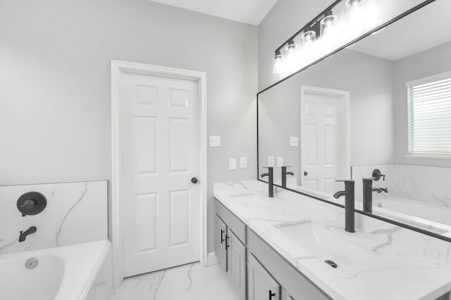 7427 Oakwood Canyon Dr, Cypress, TX 77433 - bathroom with a tub to relax in, double vanity, and marble look tiles