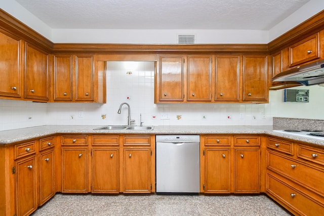 2622 Williams Grant St, Sugar Land, TX 77479 - kitchen with stainless steel dishwasher, under cabinet range hood, light countertops, and backsplash