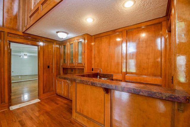 2622 Williams Grant St, Sugar Land, TX 77479 - indoor wet bar featuring dark wood-type flooring, a textured ceiling, and wooden walls