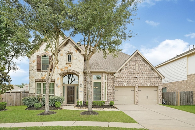 20010 Barrow Edge Ln, Cypress, TX 77433 - french country style house featuring concrete driveway, stone siding, a garage, brick siding, and roof with shingles