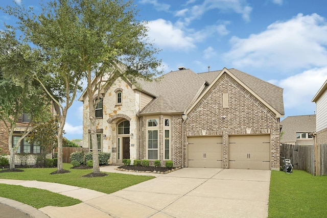 20010 Barrow Edge Ln, Cypress, TX 77433 - french country style house featuring an attached garage, concrete driveway, brick siding, and roof with shingles